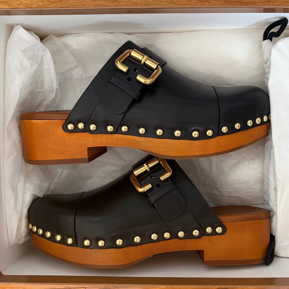 Chloe Jeannette Black Leather Clogs Flats Size 6 - NEW